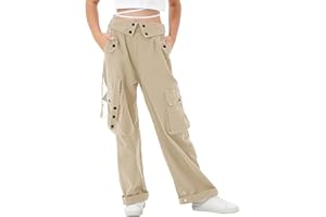 Rolanko Girls Baggy Cargo Trousers, Elastic High Rise Waist with Multi Pockets Wide Leg Cargos Pants for Kids