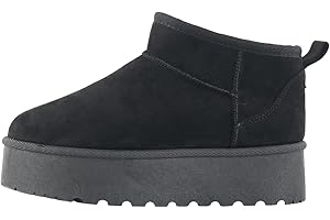 MIOBER Women's Suede Platform Mini Low Ankle Boots Slip On Ladies Faux Fur Ultra Snow Boot Winter Shoes