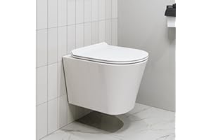 HOROW WC sospeso senza bordi, da parete, con sedile WC con abbassamento automatico, per ospiti, bagno, WC, 48 cm, colore bianco