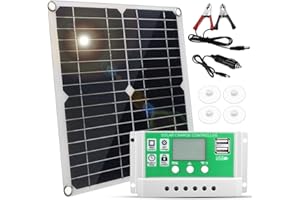 Irishom Panneau Solaire 20W 12V, Panneau Solaire Monocristallin + Contrôleur de Charge 10 A PWM + Clips de Batterie 22% Haute Efficacité, pour Système Hors Réseau/Remorque/Bateau/Camping-Car