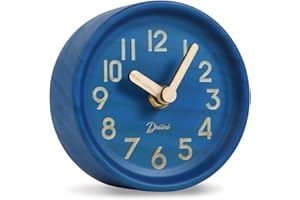 Driini Wooden Analog Desktop Clock – 4.3 in. Decorative Pinewood Clock, No-Tick Design – Easy to Read Silent Sweep Mantle Clock – Quiet Tabletop Clocks with Wood Body, Hands, & Battery Cover; Blue