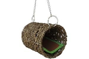 AchidistviQ Natural Sea Grass Hammock Play Tunnel Hanging Bed,Hand Woven Hideout Cave House Sleeping and Chew Toys for Sugar Glider Guinea Pig Hamster Rat Cage Accessories Wood Color