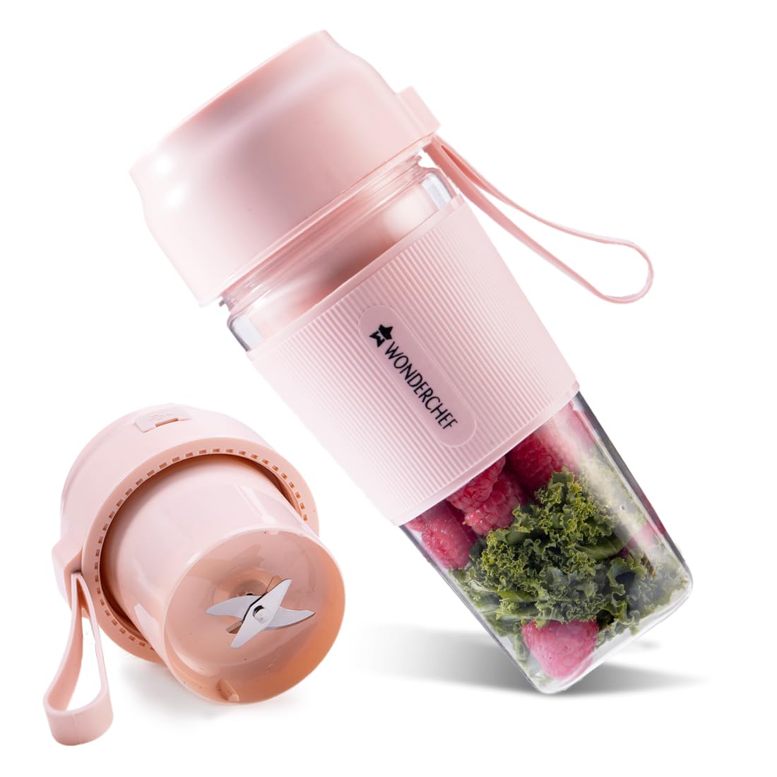 Wonderchef Plastic Nutri-Cup Portable Blender | Usb Charging | Smoothie Maker | Ss Blades | Battery Operated Rechargeable Blender | 300Ml | Compact Size | Pink, In Built Jar, 120 Watts