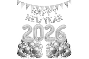 IWHEAT Happy New Year Deko 2026, Silvester Dekoration 2026, Deko Silvester Party 2026, Happy New Year 2026 Folienballon Banner, Silber Konfetti Luftballons für Silvesterpartydeko Neujahrsdeko Accessoire