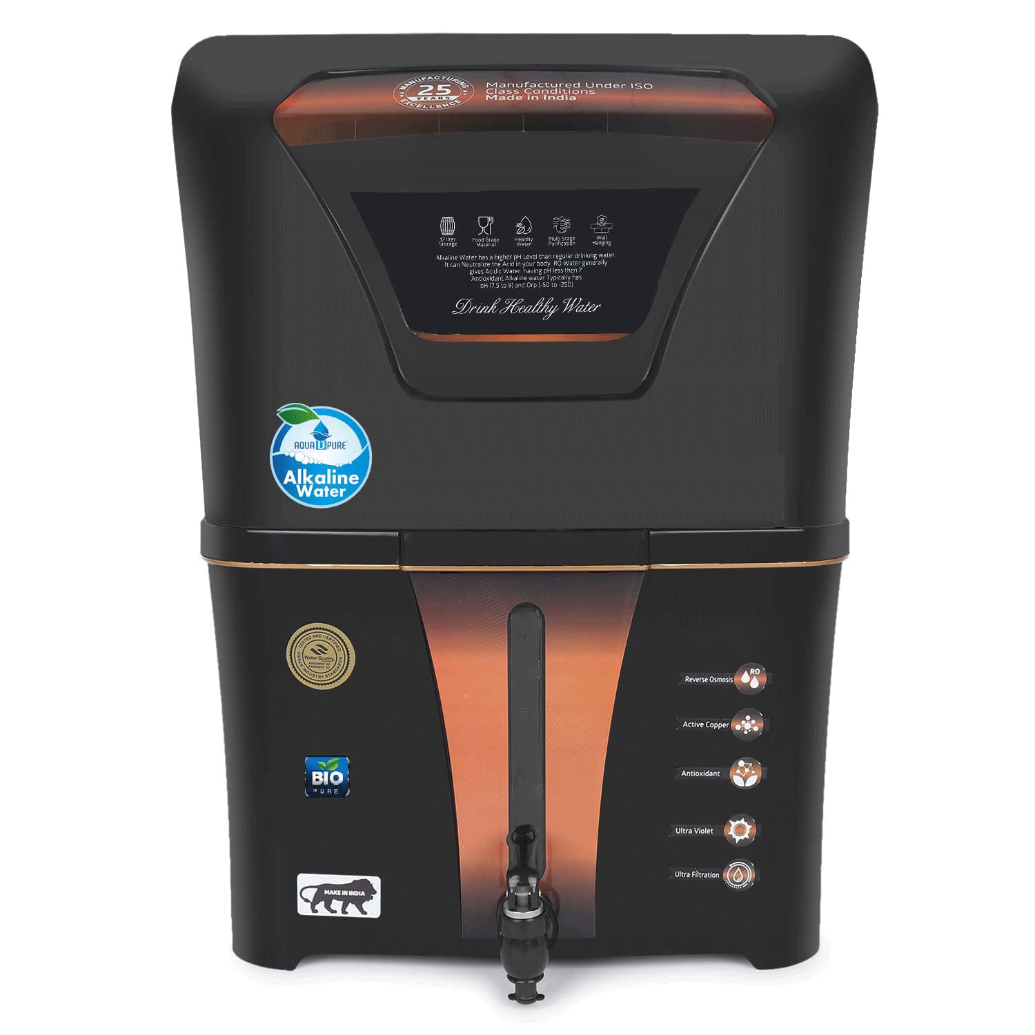 AQUA D PURE Copper + Alkaline RO Water Purifier 12L RO+UV+UF Copper+Bio-Alkaline +TDS Control+UVPurified Water with Goodness 