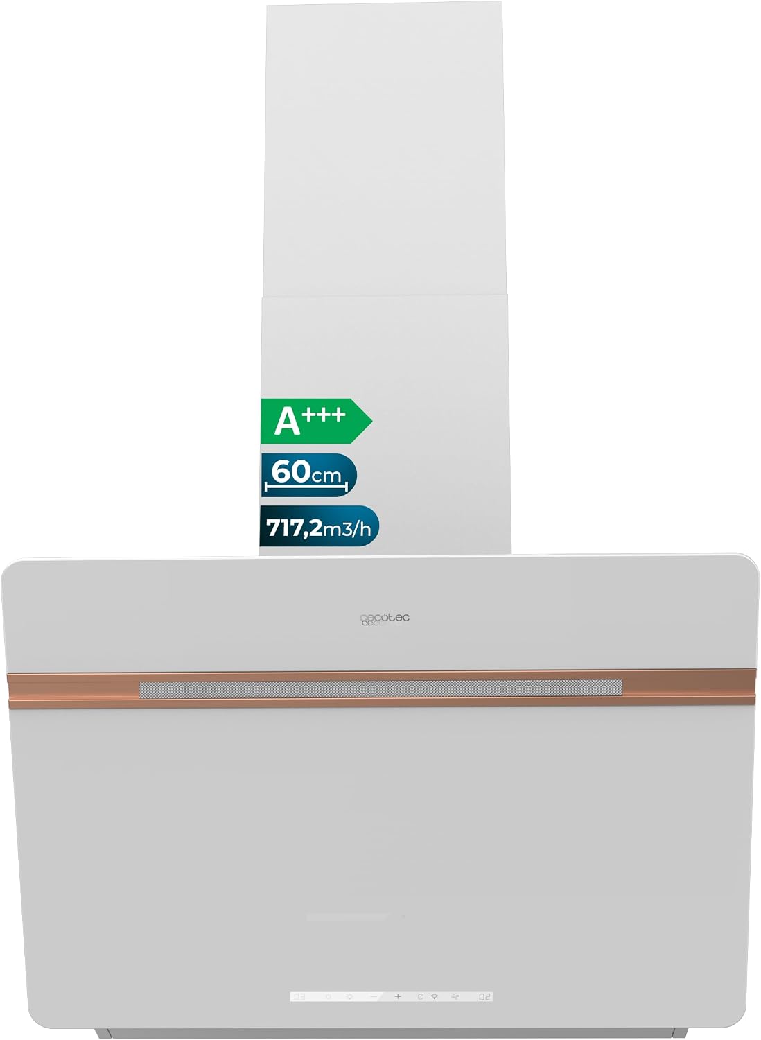 Cecotec Campana Extractora Decorativa 60cm Bolero Flux DT 607500 Matt White A+++. Cristal Mate y Brillante con Detalles en Cobre, Succión 717,2 m³/h, Función Booster, Filtros de Aluminio, Clase A+++
