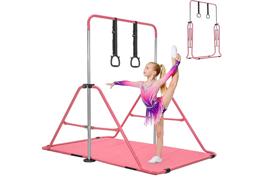 BREEZENEST Foldable Kids Gymnastics Bar Set with Mat & Rings, 4-Level Adjustable Height (89-129cm), Stable Triangular Frame, Home Gym Gear for Boys & Girls 3-12