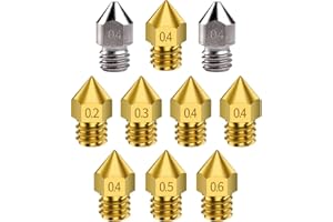 Creality 3D-Drucker 0,2 mm, 0,3 mm, 0,4 mm, 0,5 mm, 0,6 mm MK8-Messingdüsen und Extruderdüsen aus gehärtetem Stahl Kit für Ender 3-Serie und CR-10-Serie [10 Stück]