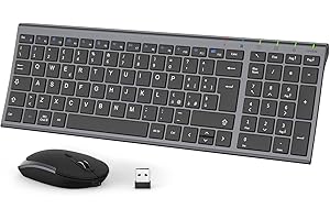iClever Tastiera e Mouse Wireless - Tastiera e Mouse Portatili Wireless 2.4G, Batteria Ricaricabile Design Ergonomico Dimensioni Regolari Sottile Connessione Stabile DPI Regolabile (Grigio e Nero)