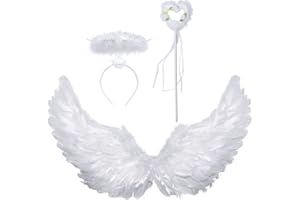 Idota 3 Stück Engelsflügel Weiß 60CM mit Heiligenschein und Zauberstab 3 Stück Engel Flügel Weiß Kostüm Kinder Party Karneval Fasching Halloween Deko
