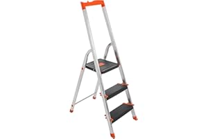 SONGMICS Échelle 3 Marches, en Alliage d'Aluminium, Escabeau, Largeur de la Marche 12 cm, Pliable, Plateau à Outil, Pieds Antidérapants, Capacité de Charge 150 kg, Noir et Orange GLT03BK