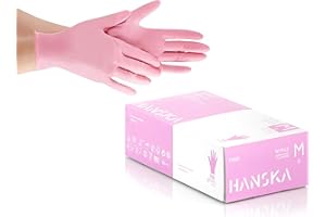HANSKA 100 Guantes desechables de nitrilo rosas - Sin polvo - Desechables - Ambidiestros - No estériles - Base de goma - Apto para áreas médicas y manipulación de alimentos (100, M)