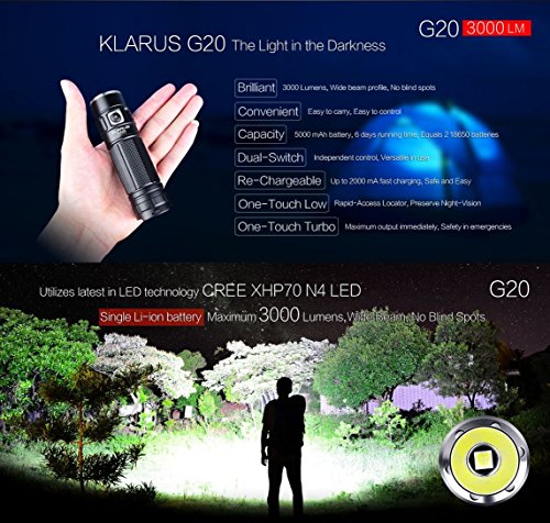 Klarus G20 Taschenlampe CREE Next Gen xhp70 N4 LED 3000 Lumen Wiederaufladbare Taschenlampe dual-switch Mini Suche Licht mit Wiederaufladbare 5000 mAh 26650 Li-Ion Akku + thenines USB-Light - 8