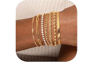 Adramata 7 Pcs Chaîne Bracelets pour Femme Bracelet Acier Inoxydable Femme Twist Figaro Zag Chaîne Bracelets Réglable CZ Fantaisie Bracelets Ensemble Argent Or Bracelets pour Femmes Filles