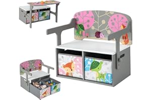 Maxmass 3-in-1 Kids Table and Chair Set, Convertible Toddlers Bench Storage Chest with 2 Removable Fabric Bins, Wooden Toy Storage Organizer Toy Box for Children Room, Playroom, Daycare (Grey)