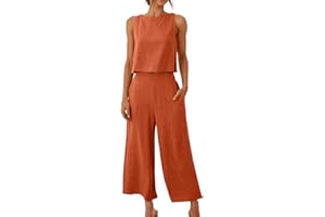 KUIH 2 Piece Outfits for Women Sleeveless Blouses Jumpsuits for Women Linen Sets for Women 2 Piece Wide Leg Pants with Pocket for Women Round Neck Crop Basic Top Women's Linen Trouser Suits UK Size