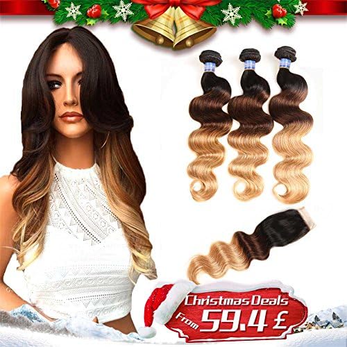 Ombre Brazilian Virgin Hair Body Wave+Lace Closure(4x4), Elees Hair Remy Human Hair 3 Tone Ombre Hair Extensions Weave Weft With Closure Quality 7A Grade (16 18 20+14, T1B/4/27)