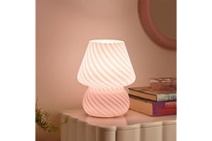 ONEWISH Lampe Champignon - Lampe a Poser avec Verre à Rayures, Lampe de Chevet Chambre, Salon, Café, Bureau, Ampoule Incluse, Cadeau pour les Filles, Femmes, Anniversaire, Nouvelle Année, Rose