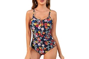 JASAMBAC Women's One Piece Tummy Control Swimwear Vintage Swimming Costumes V-Wired &Floral Swimsuit Soft Elastic Bathing Suits Padded Monokinis With Adjustable Shoulder Strap For Beach,Sunbathing,Pool