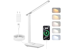 Carehabi Lampe de Bureau Puissante - 5 Modes de Couleurs et 5 Niveaux de Luminosité Réglables - Rotation sur 3 Axes - Protection des Yeux - Lampe de Lecture avec Port USB et Fonction Mémoire