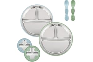 PandaEar Set med sugkoppar i rostfritt stål, 2 delade tallrikar med sugkopp och 2 skedar, babyservis för barnmat och självständig mat, BPA-fri (blå