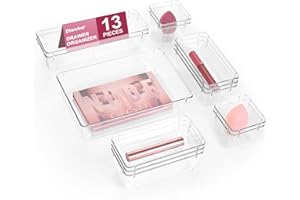 Diwoker 13 piezas organizador de cajones con 4 tamaños, sistema organizador de tocador de plástico transparente, organizador de maquillaje utilizable cajones de almacenamiento caja divisora