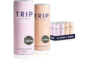 TRIP CBD Drink, Sparkling Elderflower Mint & Peach Ginger Fizzy Drink, Low Calorie, Vegan, Stress & Anxiety Relief (Pack of 12 x 250ml)