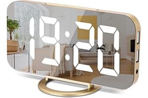 Sukeen Sveglia digitale, Elettronica, Grande Display LED a Specchio Portatile con 2 porte di ricarica USB, Snooze, 12/24 Ore Sveglia Comodino 3 Livelli di Dimmer-Oro