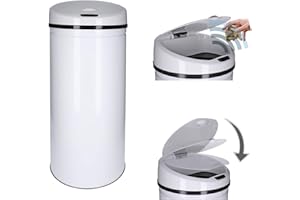 TALK-POINT Cubo de basura automática con sensor 30 - 60L con accesorio para papelera, acero pintado, rectangular o redondo, apertura/cierre automático - Papelera automática con sensor (Blanco, 30L, Redondo)