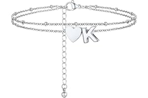 PROSTEEL Women Heart Anklet, A-Z Letter Initial Ankle Bracelet, Adjustable Double-Layer Foot Chain for Beach Summer, Silver/Gold Plated 316L Stainless Steel (with Gift Box)
