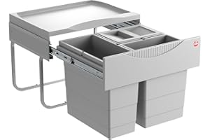 Hailo Raumspar Tandem 3644731 Einbau-Mülltrenner mit 3 Fächern - Küchen-Mülleimer zum Einbauen im Unterschrank - 12 und 2x 8 L - Abfalleimer mit Vollauszug für Drehtür-Schränke ab 50 cm - Hellgrau