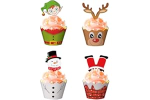VIDILLO Navidad Cupcake Toppers y envoltorios 72 piezas de accesorios para fiestas de Navidad, Muñeco de nieve, Papá Noel, reno, duende divertido Cupcake Topper para Baby Shower cumpleaños graduación boda