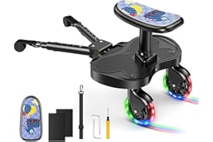 Joycushy Buggy Board with Seat, Universal Kiddy Board with LED Wheels, Black Buggy Board with Patterned Seat, Pram Accessory for Toddlers from 2-6 Years (Load 25 kg) Compatible with 99% Stroller