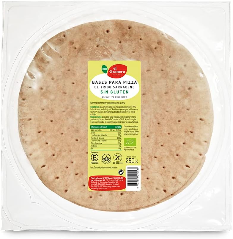 El Granero Integral - Bases de Pizza con Trigo Sarraceno Sin Gluten BIO - 2 Und. 250 g - Alto Contenido en Fibra y Minerales - Aptas para Veganos y Celíacos