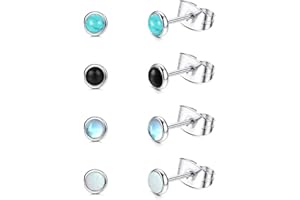 JeweBella 4 Paires Acier Chirurgical Petites Boucles d'Oreilles Argent Pour Femme Fille Enfant Boucles d'Oreilles En Pierre De Lune Opale Turquoise Hypoallergénique Rond Gemme Bijoux Cadeau 4MM/6MM