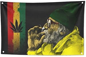 KINO Homie Tapiz decorativo de Jamaica con diseño de hojas y anciano con bandera rasta, bar, club, tienda de tatuajes, cartel de tela para colgar en la pared