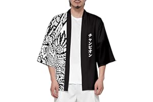 CIZEUR Hombre Hippie Camisa Kimono Japonés Estampado Holgado Manga 3/4