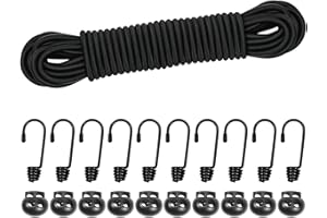 DONDEEN 10M Elastic Cord, 1/5" Thick Shock Cord Heavy Duty 32Ft Elasticated Shock Cord Black Bungee Cords with Hooks and Spring Cord Lock for Caravan Cargo Craft Rack (5mm x 10M, Black)