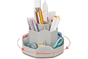 Euqvunn Porta Penne per Scrivania Rotante, Organizer Scrivania con 9 Scomparti Indipendenti, Organizzatore Scrivania 360° Salvaspazio Ideale, Moderna Accessori Scrivania in Ordine(Grigio)