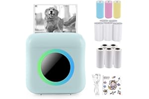 Roadtime Mini Photo Printer with 7 Colour Light, Portable Thermal Printer Compatible with iOS & Android, USB Rechargeable, with 1 Sticker and 13 Rolls of Printing Paper (Blue)