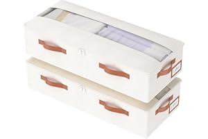 Yawinhe 2 Pezzi Contenitore Sottoletto,Sacchi Portaoggetti Pieghevole Sotto il Letto con Osservazione Finestra e Maniglie,Utilizzato per Riporre Vestiti, Trapunte,Coperte,60x30x15cm,Beige