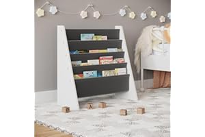 URBNLIVING Kids Children MDF & Fabric Bookshelf with Sling Open Storage - 4-Tier Organizer Shelves for Study, Bedroom, Living Room (Grey)