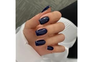 KQueenest Marine Blau Press On Nails Mandel Eckig, Sarg Nägel zum Aufkleben Kurz, Glänzende Jelly-Gel Fake Nails Fingernägel zum aufkleben Ballerina, Einfarbig Acryl Kunstnägel für Frauen, 24 Stück