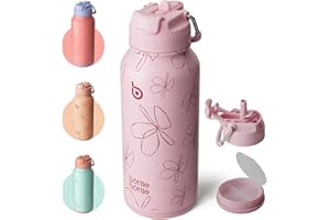 BOTTLEBOTTLE BOTTLE BOTTLE Borraccia termica con porta pillole, 900 ml, in acciaio inox, borraccia sportiva, per attività all'aperto, escursionismo, motivo: fiori rosa
