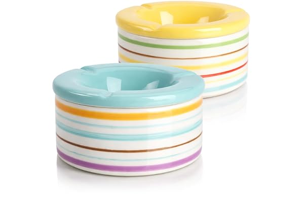 com-four Lot de 2 cendriers anti-vent en céramique dolomite - Cendrier tempête résistant aux intempéries avec rayures colorées - Grand cendrier de table avec couvercle (02 pièces, 14 cm, jaune/bleu)
