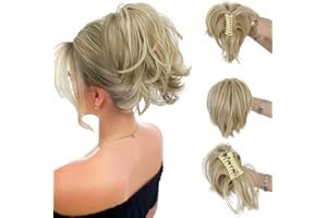 AOWVUTS Postiche Queue de Cheval avec Pince Naturel a Clip Ondulé Extension Queue de Cheval Synthétique Droite Court Extensions Chignon Cheveux Claw on Ponytail Bouclée pour Femmes Filles