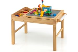 GOPLUS Mesa de Actividades 2 en 1 con Tablero Reversible, Mesa de Construcción para Niños de 3+ Años con Espacio de Almacenaje Clasificado, Mesa de Juego de Madera con Barra Lateral, 86,5X60X57CM
