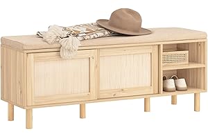 SoBuy Banco Zapatero con Asiento y Almacenaje - Banco Entrada Recibidor con 2 Puertas de Ratán + 2 Estantes Abiertos - Estilo Rústico para Recibidores Dormitorios y Pasillos - 121x35x49cm FSR163-N