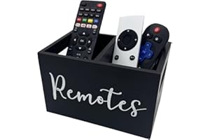 WuJiLiving Wooden Remote Control Holder with 2 Compartment, Wood Desk Organiser Storage Box, Remote Control Caddy (Black)