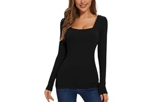 WOWENY Thermo Oberteil für Damen Winter Pullover Eckigem Ausschnitt Langarm Thermounterwäsche Gerripte Tshirts Unterhemd Langarmshirt Fleece Shirt,